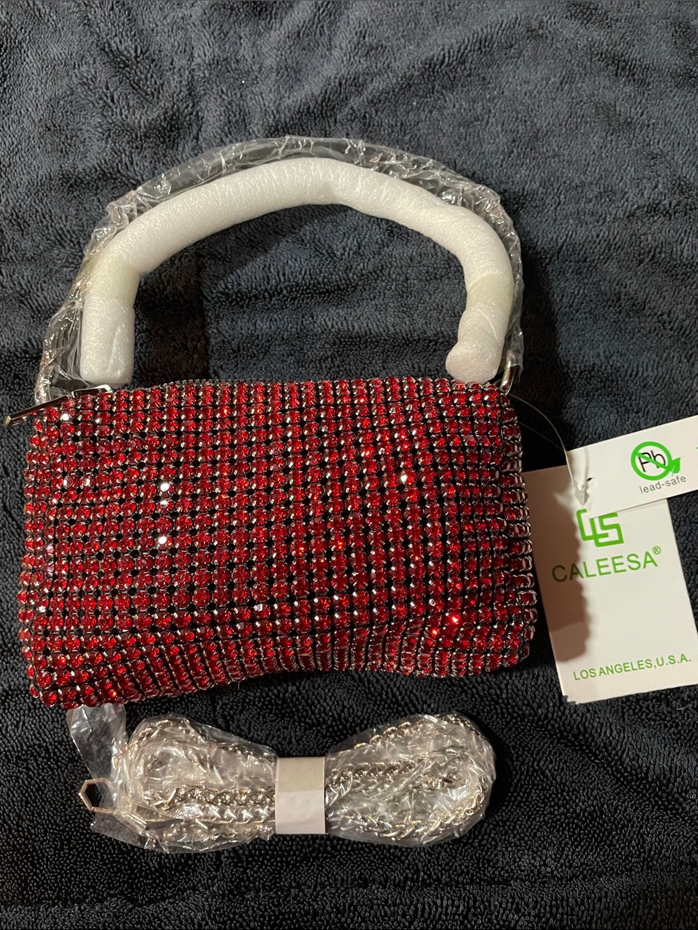 Red Crystal Mini Top-Handle Bag with Chain Strap